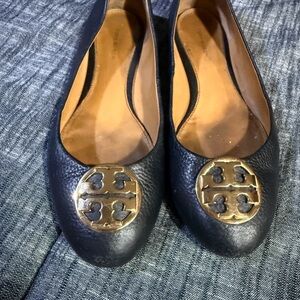 Tory Burch Black Leather Logo Ballet Flats with Gold Emblem
